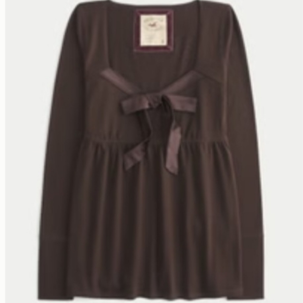 Hollister Chocolate Brown Ribbon-Tie Long Sleeve Top